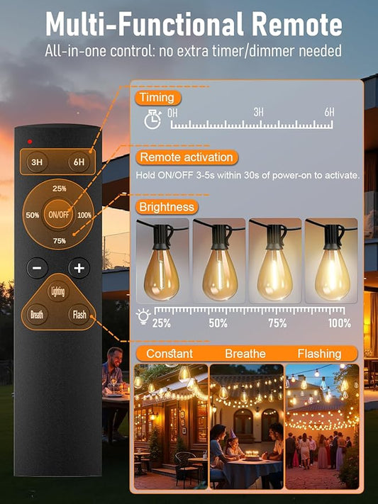 luckystyle 70FT LED Outdoor String Lights with Remote, 24+1 Shatterproof Bulbs Waterproof and Dimmable Patio Lights for Porch, Garden, Backyard, Deck, Balcony, 2200K Hanging Lighting