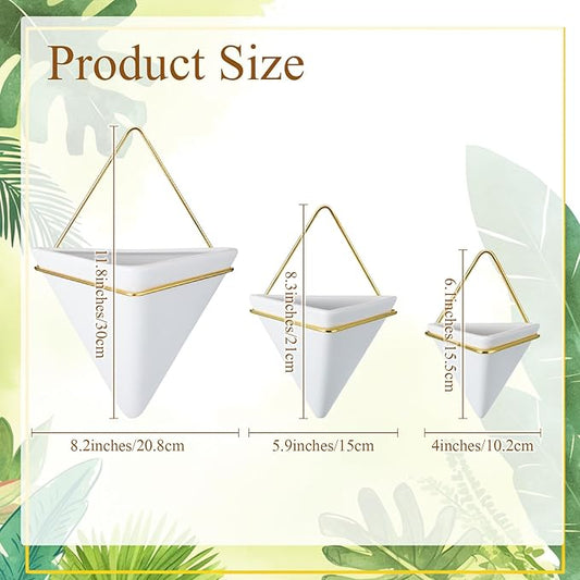 3 Sets Ceramic Wall Hanging Planters Indoor 3 Size Geometric Hanging Planters for Indoor Plants Self Watering Pots with Metal Holder for Air, Cactus, Faux Plants and Home Office Decor
