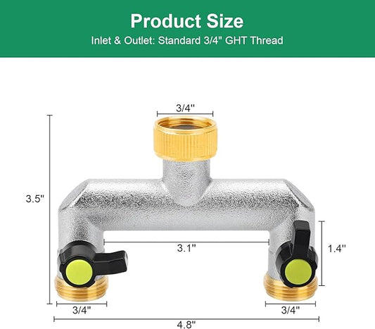 EEEKit Garden Hose Splitter 2 Way, 3/4" GHT Spigot Faucet Hose Pipe Tap Splitter, Nickel-Plated Brass Water Hose Manifold with Shut Off Valve