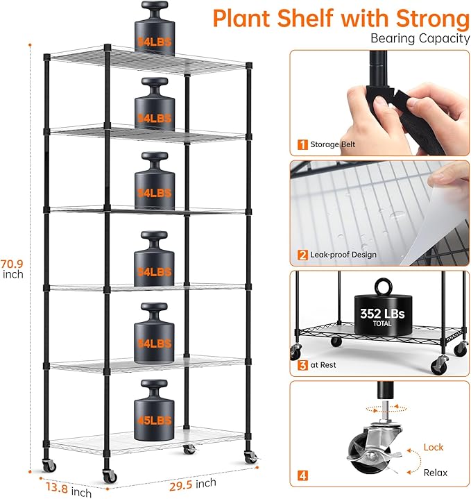 Bstrip DIY Plant Shelf with Grow Light, Grow Light Shelf with Adjustable Rack and Wheels, Plant Stand, 8-Pack 192W T8 Full Spectrum Lamps, ideal for Seed Starting, Seed Tray, 29.5"L x 13.8"W x70.9"H