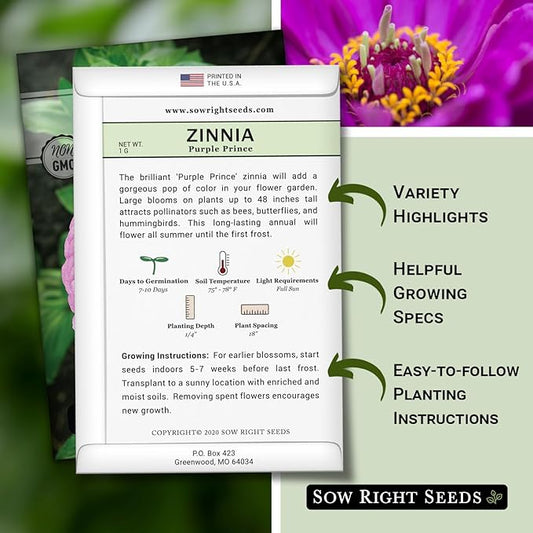 Sow Right Seeds - Purple Prince Zinnia Flower Seeds for Planting - Non-GMO Heirloom Seed - Heat & Drought Resistant - Huge Purple Blossoms - Beautiful to Plant in Your Garden - Cut and Come Again (1)