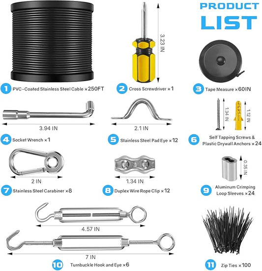 NEREUS String Light Hanging Kit with 250 Ft Vinyl Coated 304 Stainless Steel Cable, String Light Suspension Kit, Guide Wire with Turnbuckles and Hooks for Patio, Backyard Lighting Accessories