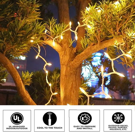 Vigdur 2 Pack 21ft White String Lights with 100 Bulbs on White Wire Cord, UL Approved for Indoor/Outdoors Use, Connectable 120V Clear Outdoor Lights for Xmas Patio Home Party Garden Decor (2 Packs)