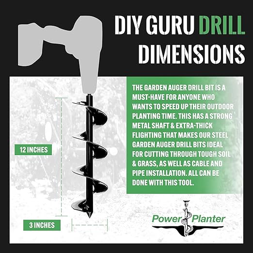 Power Planter DIY Guru Garden Drill Auger Bit (3"x12") — Designed for Planting, Digging Holes, Paint Mixing, Cement Mixing and Other Home Projects — Made of Steel with a 3/8" Non-Slip Hex Drive (Pink)