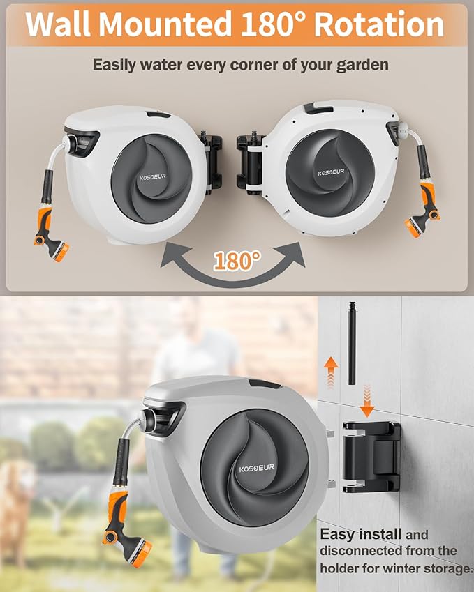 KOSOEUR Retractable Garden Hose Reel, 1/2 in x 65 ft Garden Hose Reel, Automatic Retractable Water Hose Wall Mount with 10 Pattern Nozzle, Slow Rewind System/Any Length Auto Lock 180° Swivel Bracket