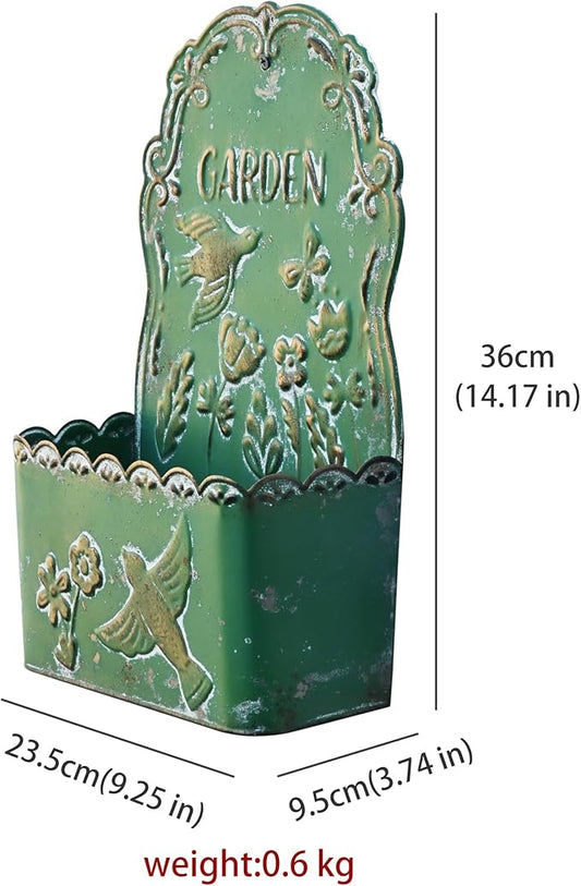 BIG FORTUNE Metal Wall Mount Planter Wall Vases for Flowers Shabby Chic Decor for Rustic Farmhouse Outdoor Decor (DarkGreen)