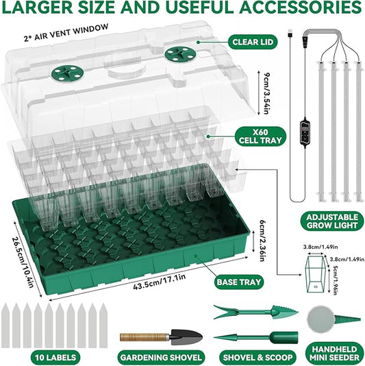 120 Cell Seed Starter Tray, Seed Starter Kit with Growth Light, 3.54-inch Humidity Dome Seedling Germinatio Starter Kit, Indoor Seed Germination Tray for Seed Reproduction and Seed Initiation