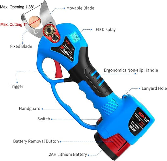 KOMOK Cordless Electric Pruning Shears, Professional Battery Powered Pruning Shears Fruit Tree Branches Cutter, 25mm/1" Cutting Diameter, 6-8 Working Hours with Handguard & LED Display