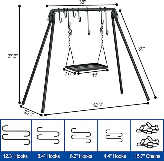 RELIANCER Grill Swing,Campfire Grill Cooking Stand w/8 Hooks & Storage Bag,Cast Iron BBQ Party Swing Grilling Cooking Rack,Outdoor Picnic Camping Cookware Hanging Rack,Collapsible Bonfire Barbecue Set