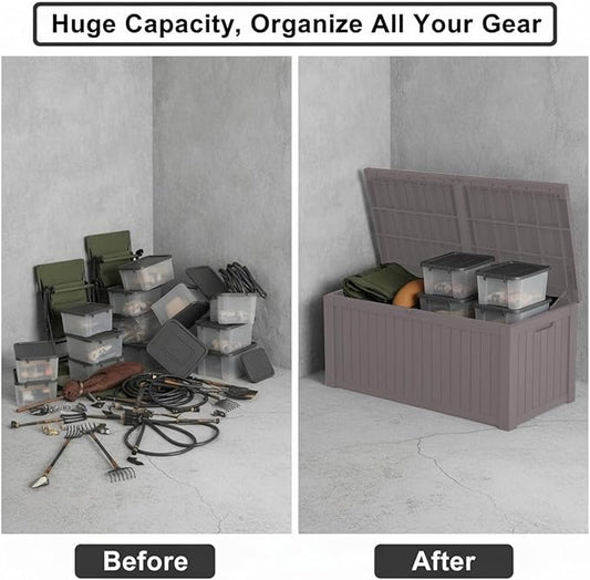 150 Gallon Resin Deck Box with Lockable Lid - Outdoor Waterproof Storage for Patio Furniture, Garden Tools, Cushions & Pool Accessories, Wood Grain Design, Easy Assembly