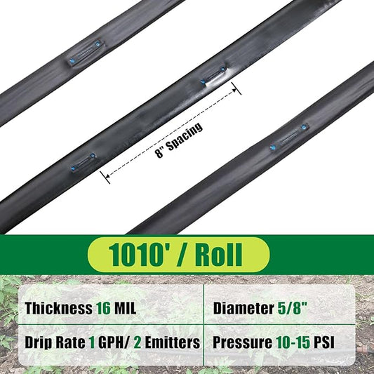 5/8" Drip Tape 1010FT, 8" Spacing Roll,16 Mil Garden Irrigation Tubing Hose, Adjustable Drip Tape Irrigation, Automatic Drip Irrigation System for Flowers, Plants, Fruits, 1 GPH / 2 Emitters