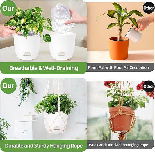 2-Pack 7.1-Inch Self-Watering Orchid Hanging planterS for Indoor & Outdoor baskets,34Inch Macrame Hanger Plant Pots Indoor with Drainage,Small Hanging Planters,With Two Sets of Hooks(Pure white)