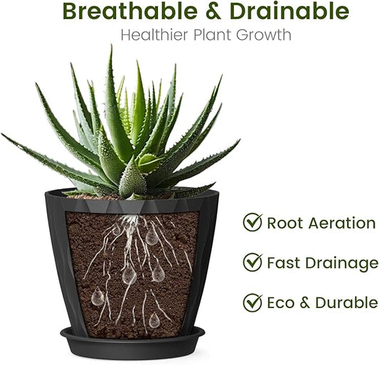 12 Pack 4 Inch Small Plant Pots with Saucers, Waffle Texture Plastic Planters with Drainage Holes for Indoor and Outdoor Plants, Flowers, Herbs, Succulents, and Seedlings, Black