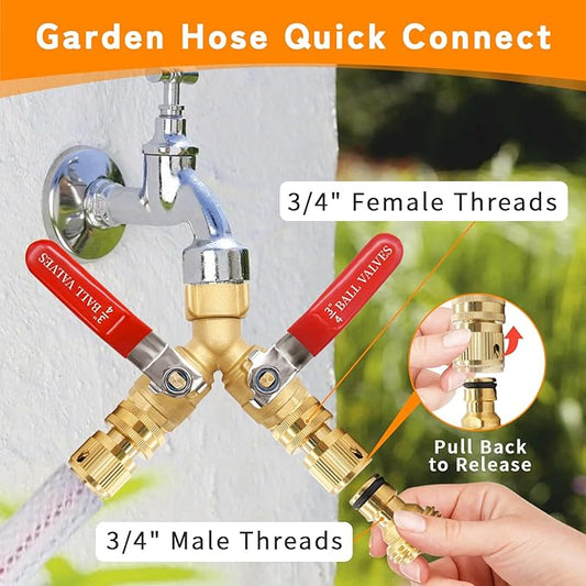Hose Splitter 2 Way Heavy Duty Brass Garden Hose Splitter Full Flow Water Y Valve Faucet Splitter Connector with Shutoff 3/4 Inch GHT Thread & Quick Connect Hose Fittings