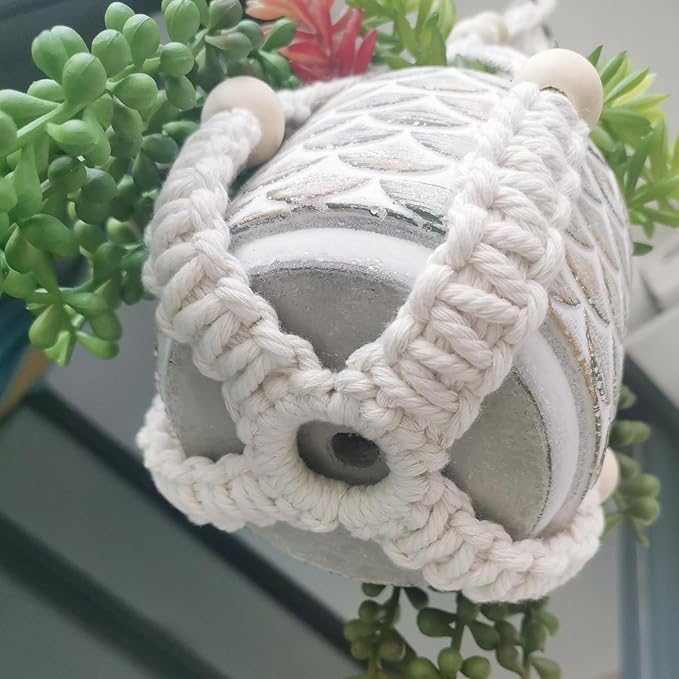 Macrame Plant Hanger 35", Set of 2 No Tassel Hanging Plant Holder, Sturdy Flower Pot Holder with 4 Hooks - Ivory
