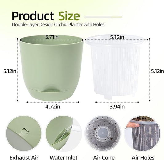QCQHDU 2 Pack 5.7 Inch Orchid Pots with Holes for Repotting, Double-Layer and Self Watering Orchid Pot with Good Air Circulation