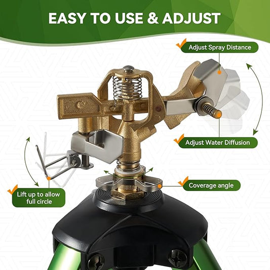 Tripod Sprinklers for Yard,Nalupatio Impact Sprinkler on Tripod Base,Heavy Duty Brass Sprinklers,360 Degree Large Area Irrigation,3/4 Inch Connector Sprinkler with Legs Flip Locks for Lawn/Yard,1 Pack