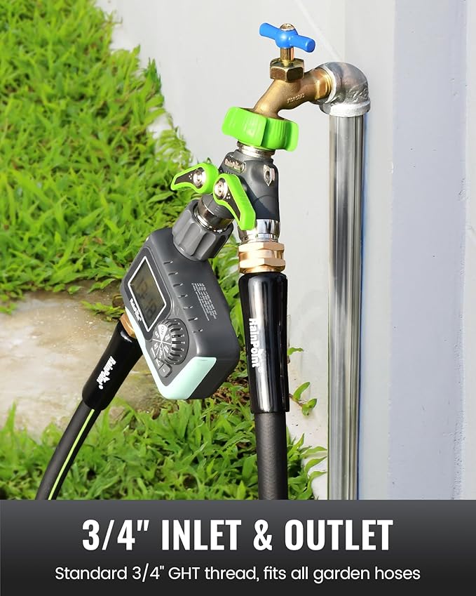 RAINPOINT Garden Hose Splitter, 2 Way Heavy Duty Water Hose Y Spigot Splitter with Shutoff Valves, 100% Metal Body Outdoor Faucet Splitter, 1.9" Extra Long Metal Handle, 3/4" GHT Thread (1, Green)