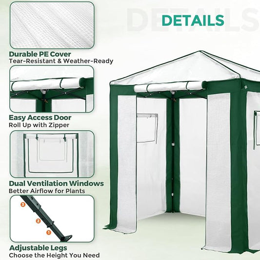 EAGLE PEAK 6x4 Portable Walk in Greenhouse with Polyester Reinforced Corners, Instant Pop up Indoor Outdoor Gardening Green House, Roll Up Zipper Entry Door and Mesh Windows, Green/White