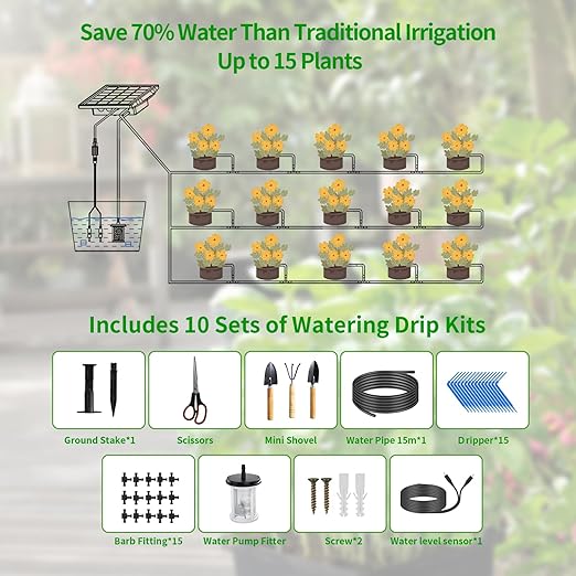 49FT Solar Drip Irrigation System, Auto Watering Kit for 15 Pots, Solar-Powered Plant Watering, 25 Timer Modes, 900ml/min Flow Indoor/Outdoor Garden, Balcony & Patio Irrigation System