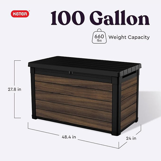 Keter Rosewood 100 Gallon Resin Deck Box Organization and Storage for Patio Furniture Outdoor Cushions, Throw Pillows, Garden Tools and Pool Toys