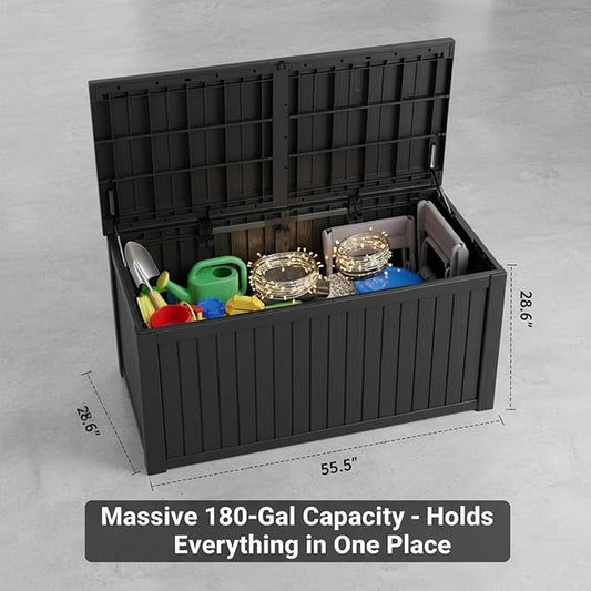 180 Gallon Resin Deck Box with Lockable Lid - Outdoor Waterproof Storage for Patio Furniture, Garden Tools, Cushions & Pool Accessories, All-Weather Wood Grain Design