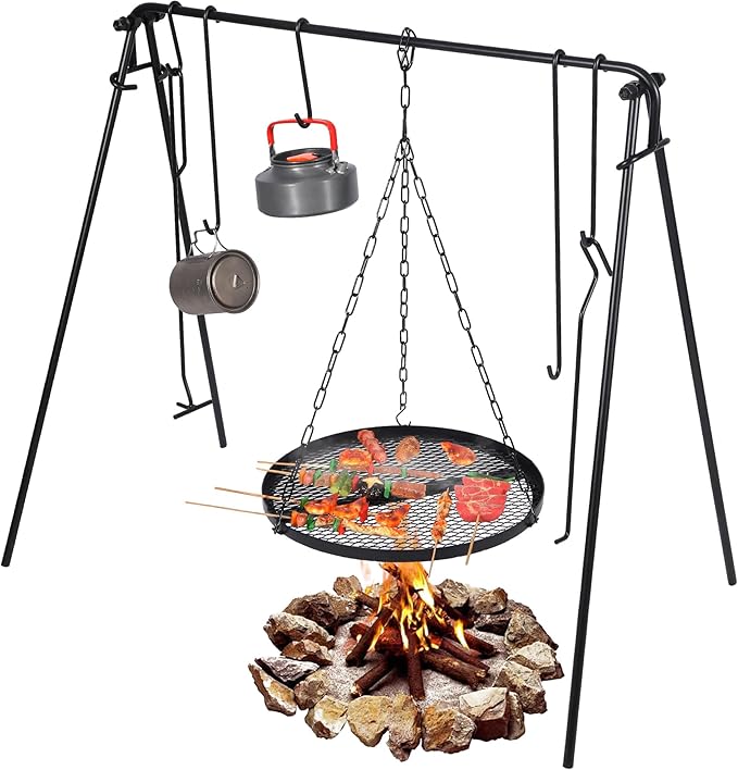 REDCAMP Swing Campfire Grill Stand - Collapsible Campfire Cooking Rack with 6 Hooks & Iron Grill Grate, Portable Dutch Oven Hanger for Outdoor Camping, Cookware, Bonfire, Round