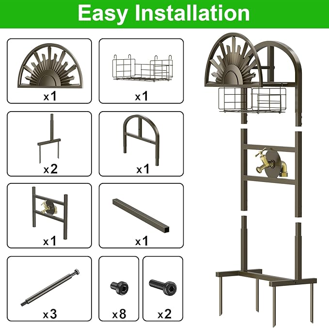 GOFORWILD Garden Hose Holder with Brass Faucet, Freestanding Water Hose Stand with Storage Basket, Detachable Heavy Duty Hose Reel Hanger Holds 150-Feet Hose for Outside Patio Yard Lawn