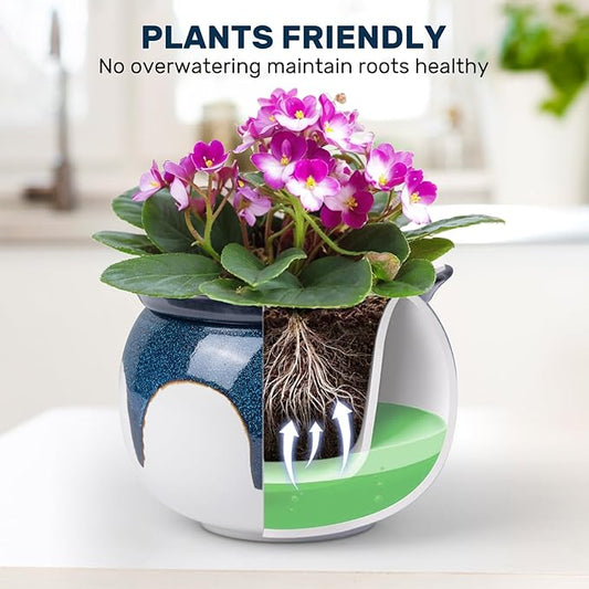African Violet Pots, 6 Inch Self Watering Pots for Indoor Plants, Easy Plant Self Watering Planter, Ceramic Plant Pot with Absorbent Inner Pot for Flowers - Gradient Blue (No Plants)