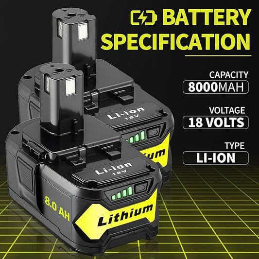 2 Packs 8.0Ah High Capacity Replacement for Ryobi 18v Battery P108 P104 P105 P102 P103 P122 P109 Li-ION Compatible with Ryobi 18V ONE+ System Cordless Power Tools and Charger