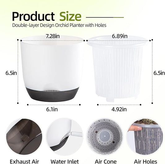 QCQHDU 2 Pack 7.2 Inch Orchid Pots with Holes for Repotting, Double-Layer and Self Watering Orchid Pot with Good Air Circulation
