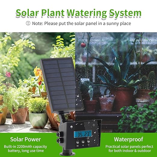 Solar Drip Irrigation System, Automatic Irrigation System for Outdoor Gardening,2200mA Battery and rain Sensing Function,for courtyards, Balconies, Gardens, 10 Potted Plants