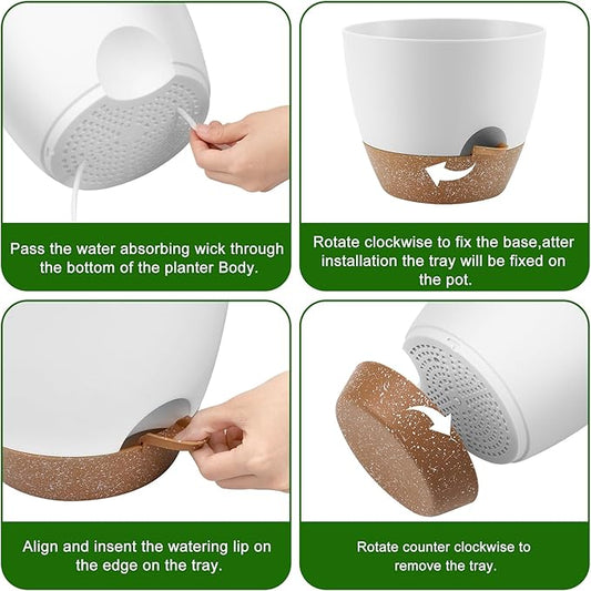 Plant Pots 10/9/8/7.5/7 Inch Self Watering Pots, Set of 5 Plastic Planters with Drainage Holes and Saucers,Plastic Flower Pots,Nursery Planting Pot for Indoor Out Door Plants(White)