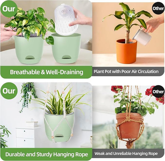 2-Pack 7..1-Inch Self-Watering Hanging Planters for Indoor & Outdoor Plants,34Inch Macrame Hanger Plant Pots Indoor with Drainage,Small Hanging Planters & Baskets,With Two Sets of Hooks(Pure green)