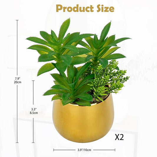 Briful Artificial Succulents Plants in Ceramic Pots, 2 Pack Faux Succulent Set with Gold Planters – Modern Desk Decor for Home Office Shelf Bathroom, Small Fake Plants Potted