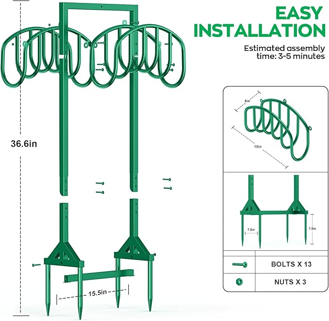 Garden Water Hose Holder Holds 2 * 150Ft Hoses, Heavy-Duty Metal Freestanding Hose Holder with 4 Spikes, Rustproof Garden Hose Hanger Storage for Outside, Yard, Lawn