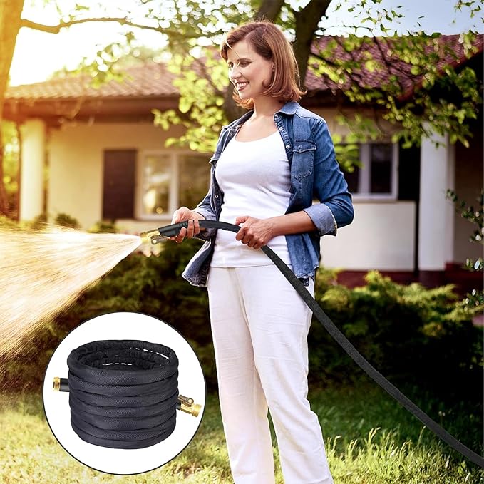 100Ft Non-Expandable Garden Hose, Flexible Water Hose with 10-Pattern Spray Nozzle, Lightweight Hose Pipe, Kink-Free, Leak-Proof, 3/4" Solid Metal Fittings (Black)