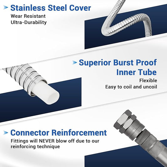 25 FT Stainless Steel Garden Hose – Lightweight No-Kink Metal Water Hose, 304 Steel, Flexible & Easy to Coil, Leak-Proof Swivel Fittings, 8-Mode Nozzle for Patio, Balcony, RV, Small Gardens