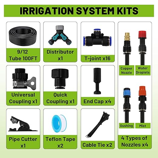 100-Foot Drip Irrigation System - 16 Copper Nozzles + T-Connectors for Gardens, Lawns, Plants, and Hydroponics - Quick-Connect Watering Kit