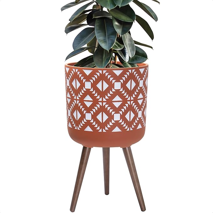 D'vine Dev 14 Inch Planter Pot with Stand, Mid-Century Tall Plant Pot with Legs for Indoor Plants, Pottery Red Terracotta/White, 88-G-D-5
