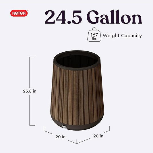 Keter Signature Conic 23.8 Inch Tall Round Large Wood Look Planter for Indoor or Outdoor Flower Pot Ideal for Patio Deck and Front Porch Decor, Rosewood