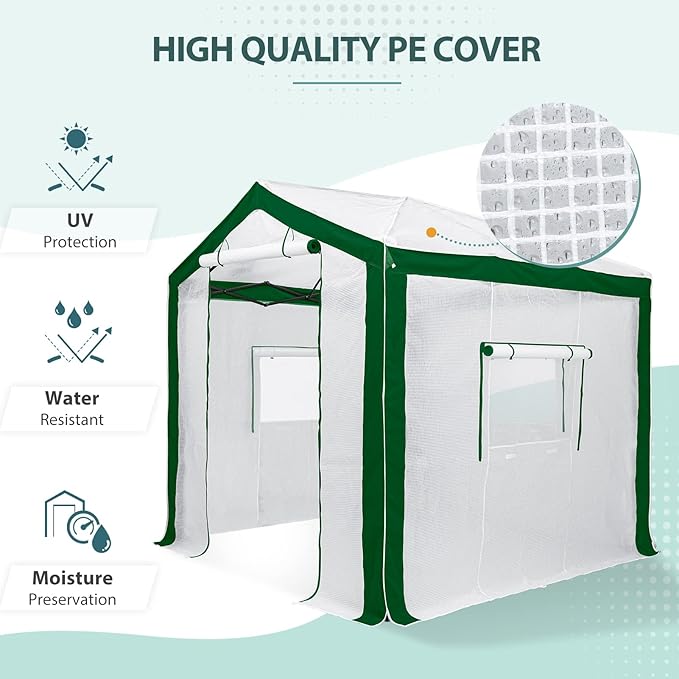 EAGLE PEAK 8x8 Portable Walk in Greenhouse with Polyester Reinforced Corners, Heavy Duty Instant Pop Up Indoor Outdoor Green House, Front Roll Up Zipper Entry Door and Mesh Windows, Green/White