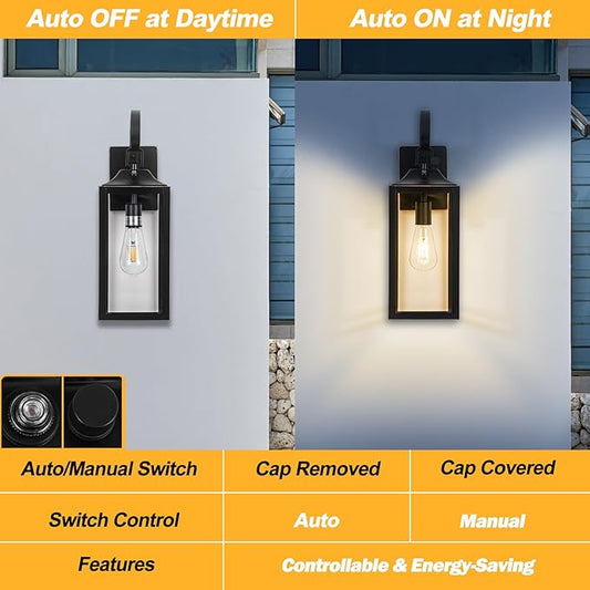 Large Dusk to Dawn Outdoor Wall Light, 19" Black Outside Farmhouse Wall Sconce, Industrial Wall Mount Light Fixture, Waterproof Modern Porch Lighting Exterior Lamp for House -with Gold Trim