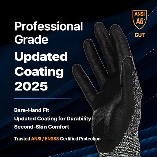 DEX FIT Level 5 Cut Resistant Gloves Cru553, 3D-Comfort Fit, Professional Power Grip, Thin, Touch-Screen Compatible, Durable, Breathable, Machine Washable; Grey M (8) 12 Pairs