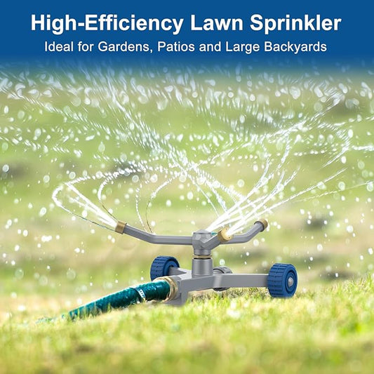 Sprinklers for Yard, 3-Arm Metal Sprinkler with Wheel Base, 360-degree Automatic Rotary Lawn Sprinkler System for Garden Yard