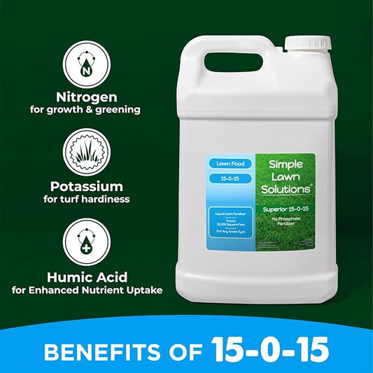 Superior 15-0-15 Liquid Lawn Fertilizer - Lawn Food for Growth & Green - Nitrogen, Potassium, Humic, Fish & Seaweed - Any Grass Type- Simple Lawn Solutions - All Season- Concentrate (2.5 Gallons)