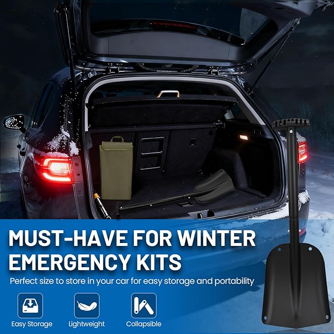 Snow Shovel & Ice Scraper Set – 32in Collapsible Snow Shovel with Folding Aluminum Shaft, Compact Heavy Duty 75lb Shovel + Silicone Ice Scraper with EVA Handle for Car, Travel & Outdoor Winter Use