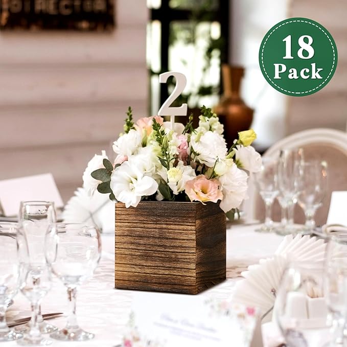 Dandat 18 Set Wood Cube Planter Box Square Wood Vase Rustic Cube Planter Box with Removable Plastic Liner Floral Foam Blocks for Centerpieces Home Wedding Garden Decor, Country Style (Brown)