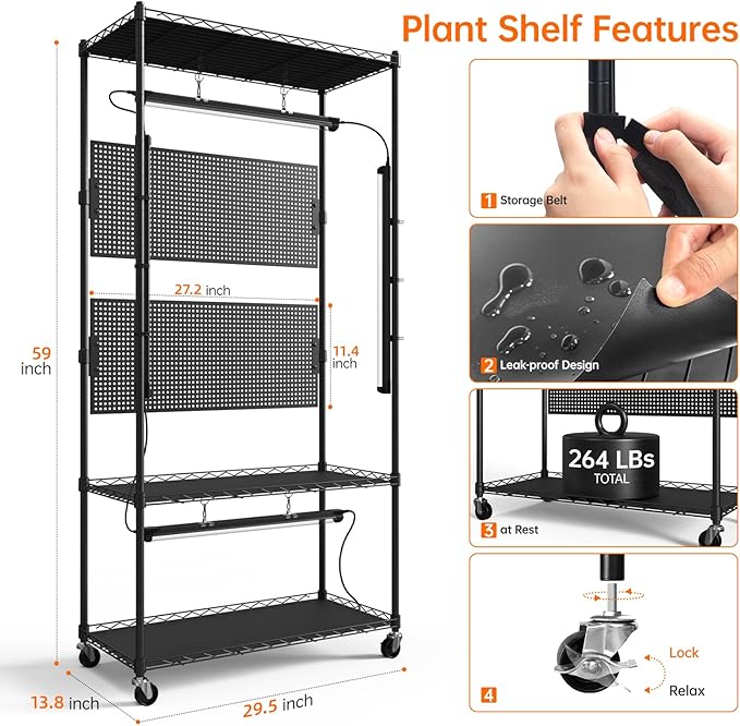 Bstrip Plant Shelf with Grow Light & Pegboard, Metal Plant Stand with Adjustable Rack and Wheels, 4 x 24W Full Spectrum Grow Light Strip for Indoor Plants, Foliage Plants, Seedling, 29.5"x13.8"x59"