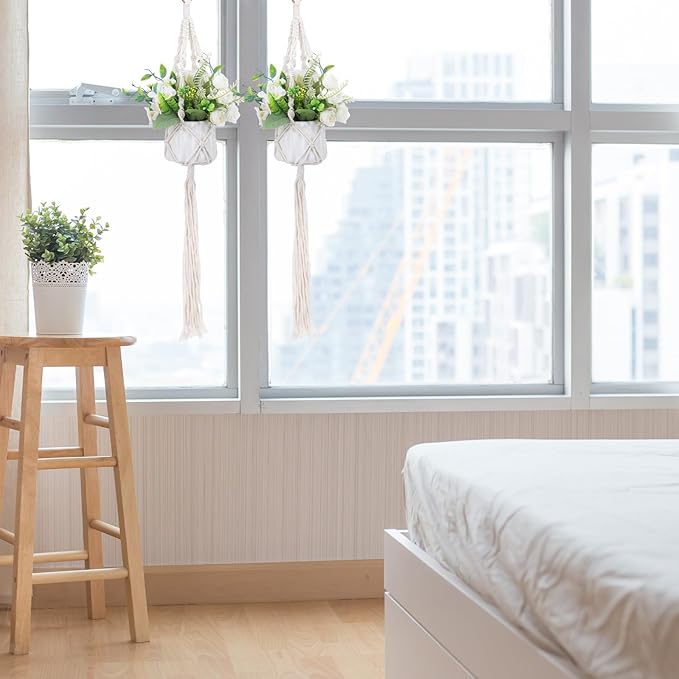 Macrame Plant Hanger, 2 Pack Boho Hanging Planters Baskets with Hooks, Crochet Braided Cotton Rope Flower Pot Holder for Indoor Outdoor Home Decor, No Tassels, Ivory, 20 Inches